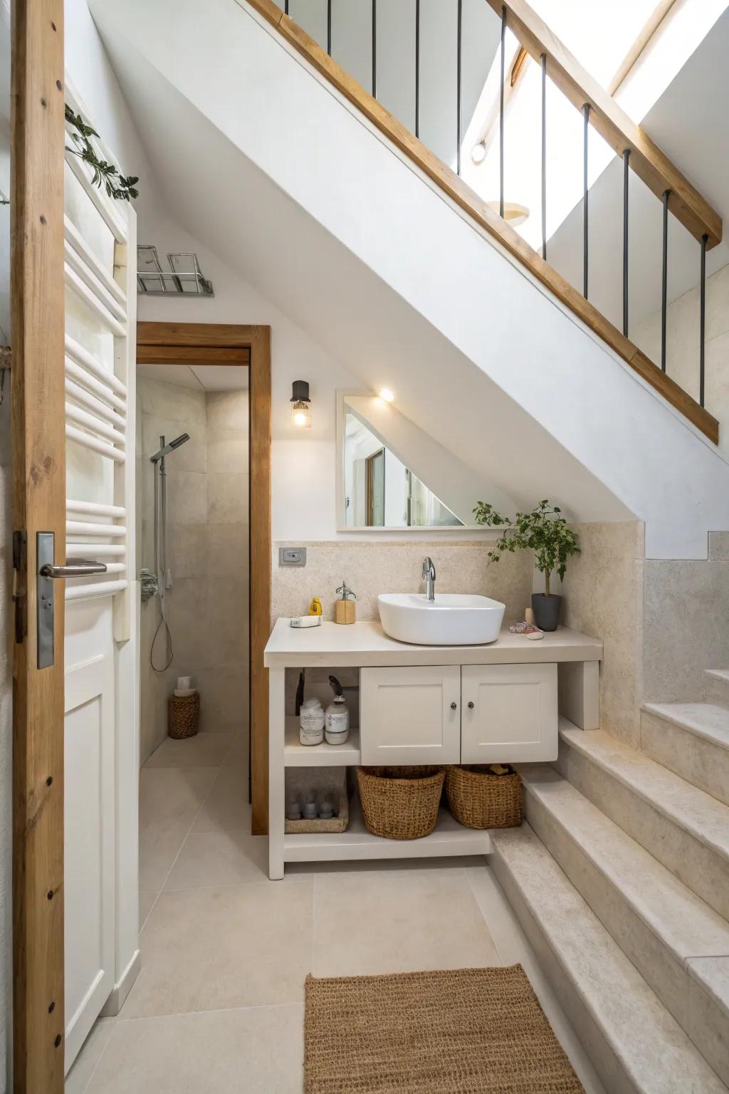 A simple under-stair bathroom featuring crisp lines and a tidy look.