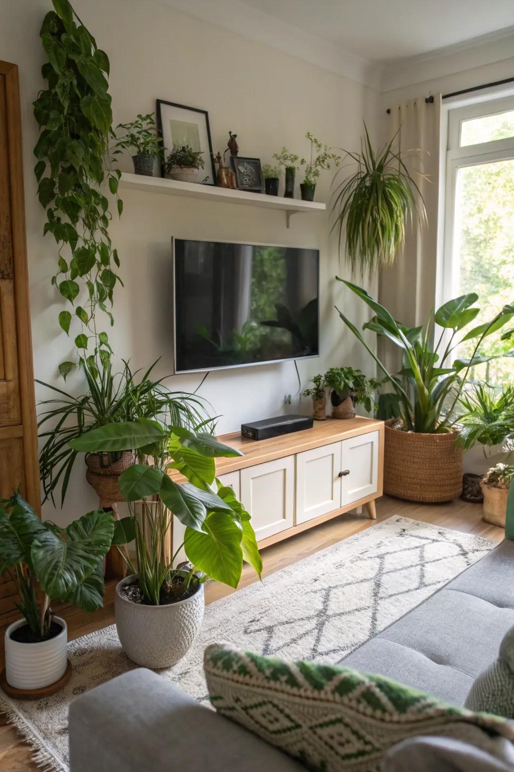 Plants beneath your TV bring a hint of nature indoors.