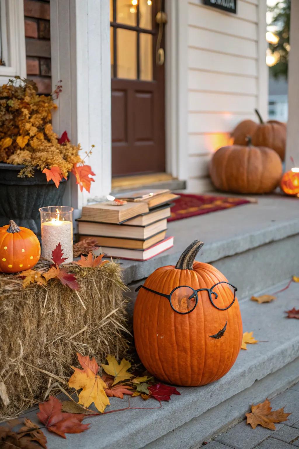 A pumpkin sporting glasses for a scholarly appearance.