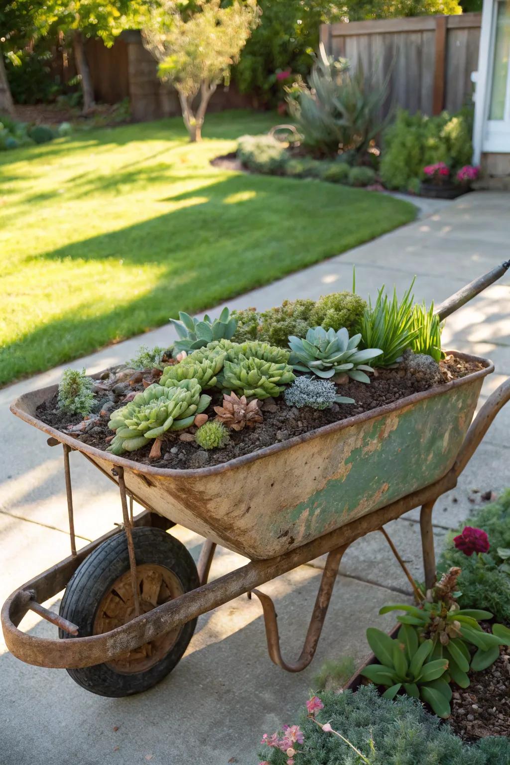 A rustic wheelbarrow transformed into an abundant mobile succulent garden.