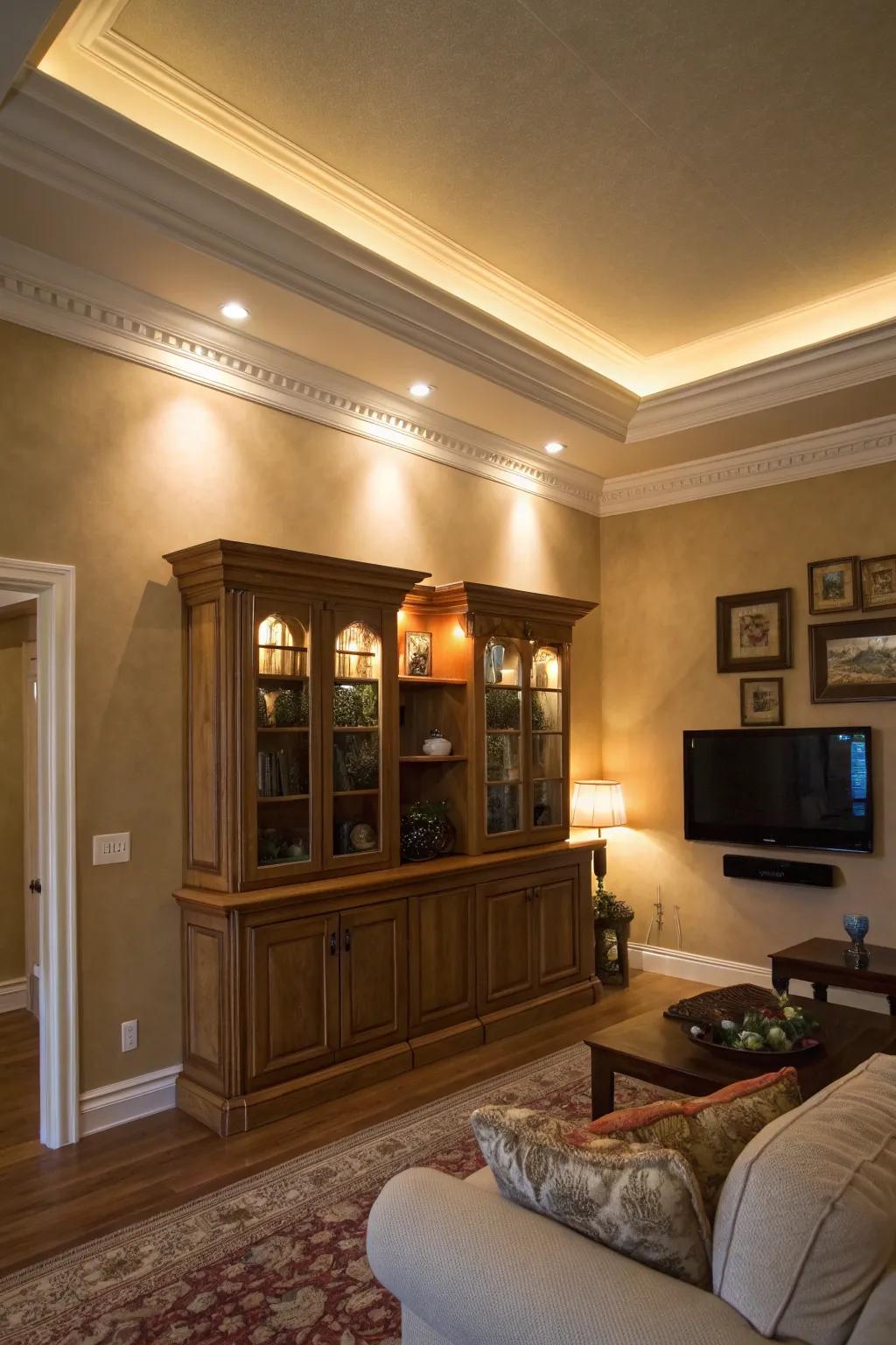 Crown molding lighting adds a touch of elegance with a halo effect.