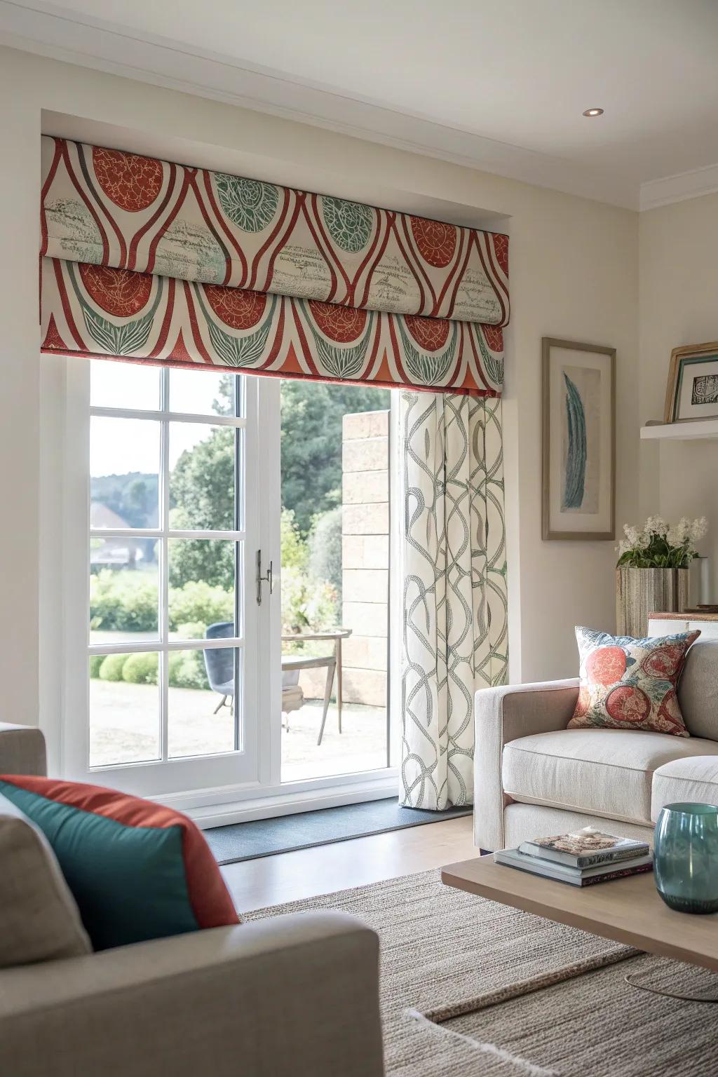 A window using a custom printed abstract design valance in a modern family room.