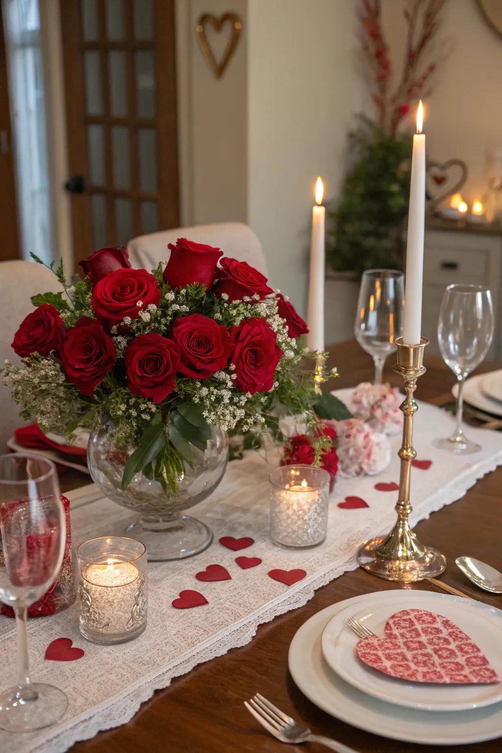 A themed table with a cozy and pretty floral piece.
