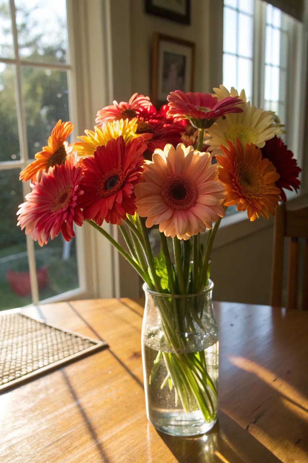 Joyful gerbera daisy bouquet illuminating a kitchen.