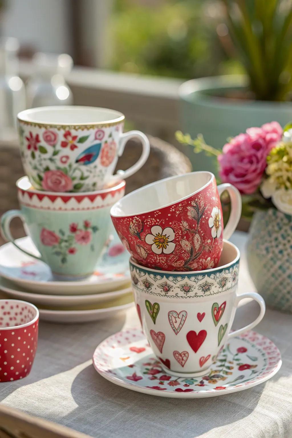 Charming ornamental tea goblets featuring blossom and heart patterns.