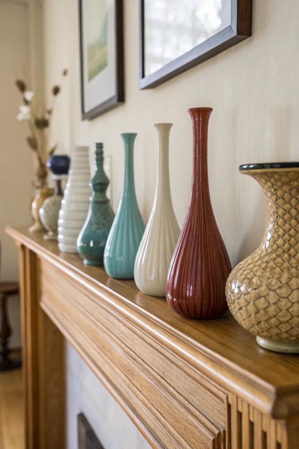 Vases of varying elevations impart dimension and curiosity.