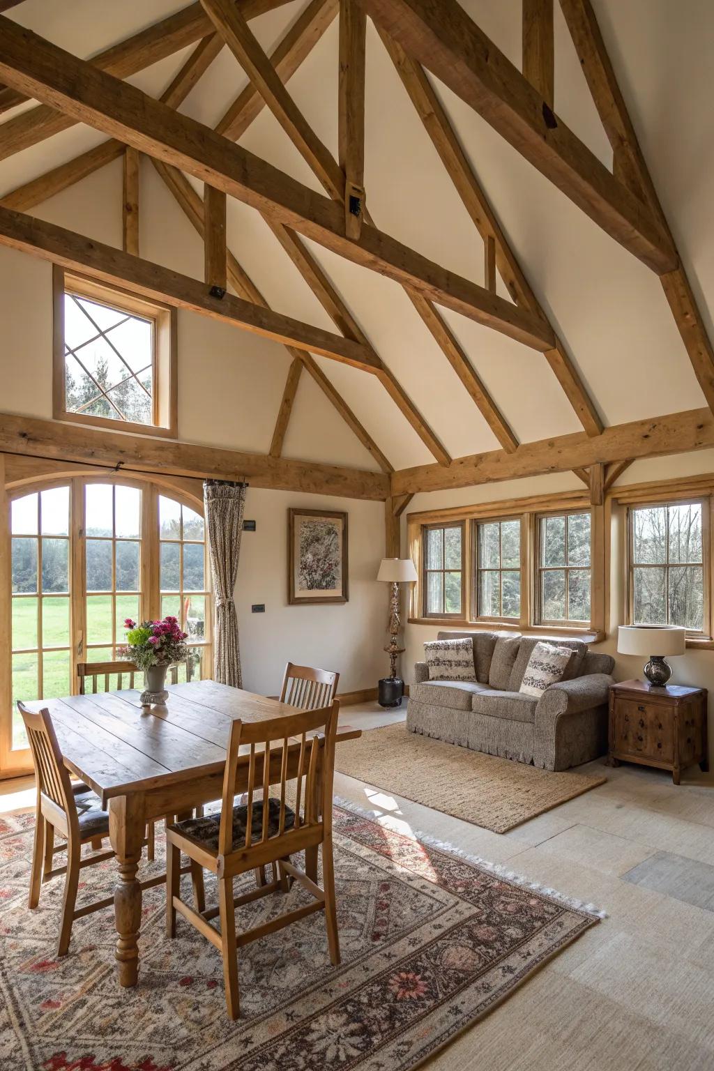 Rural charm with exposed framework on a vaulted ceiling.