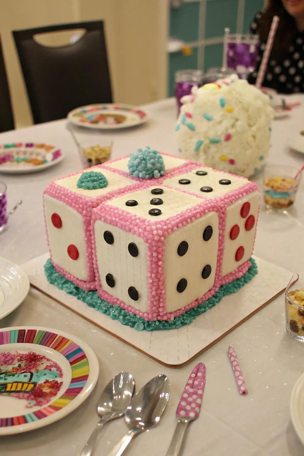 A dice cake is a thematic and tasty centerpiece for your party.