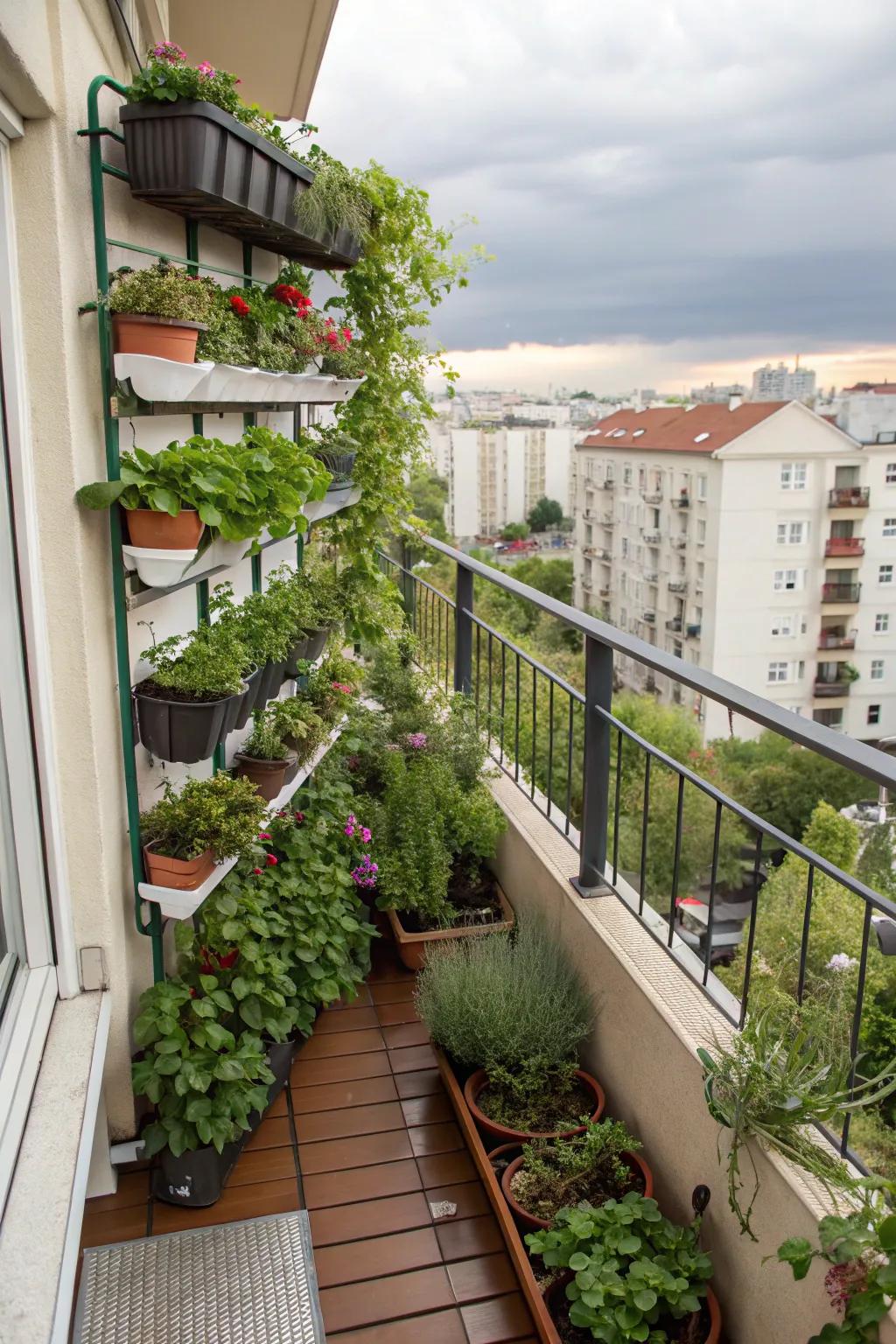 A city balcony transformed into a flourishing sanctuary with upright gardening.