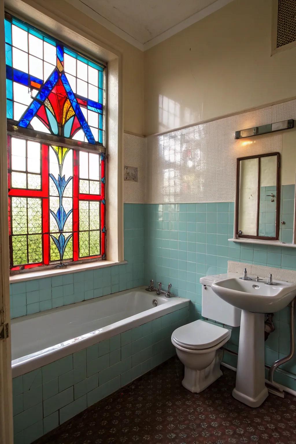 Colored window panes create a vibrant, artistic atmosphere.