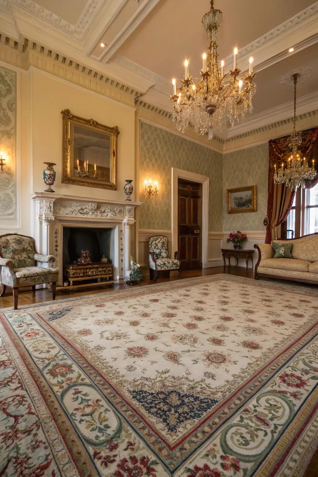 A patterned floor covering ties the space together with warmth and texture.