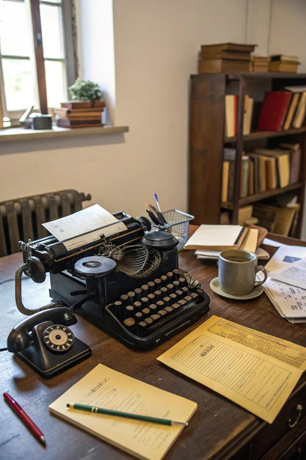 A classic typewriter infuses a sentimental nuance into the office desk.