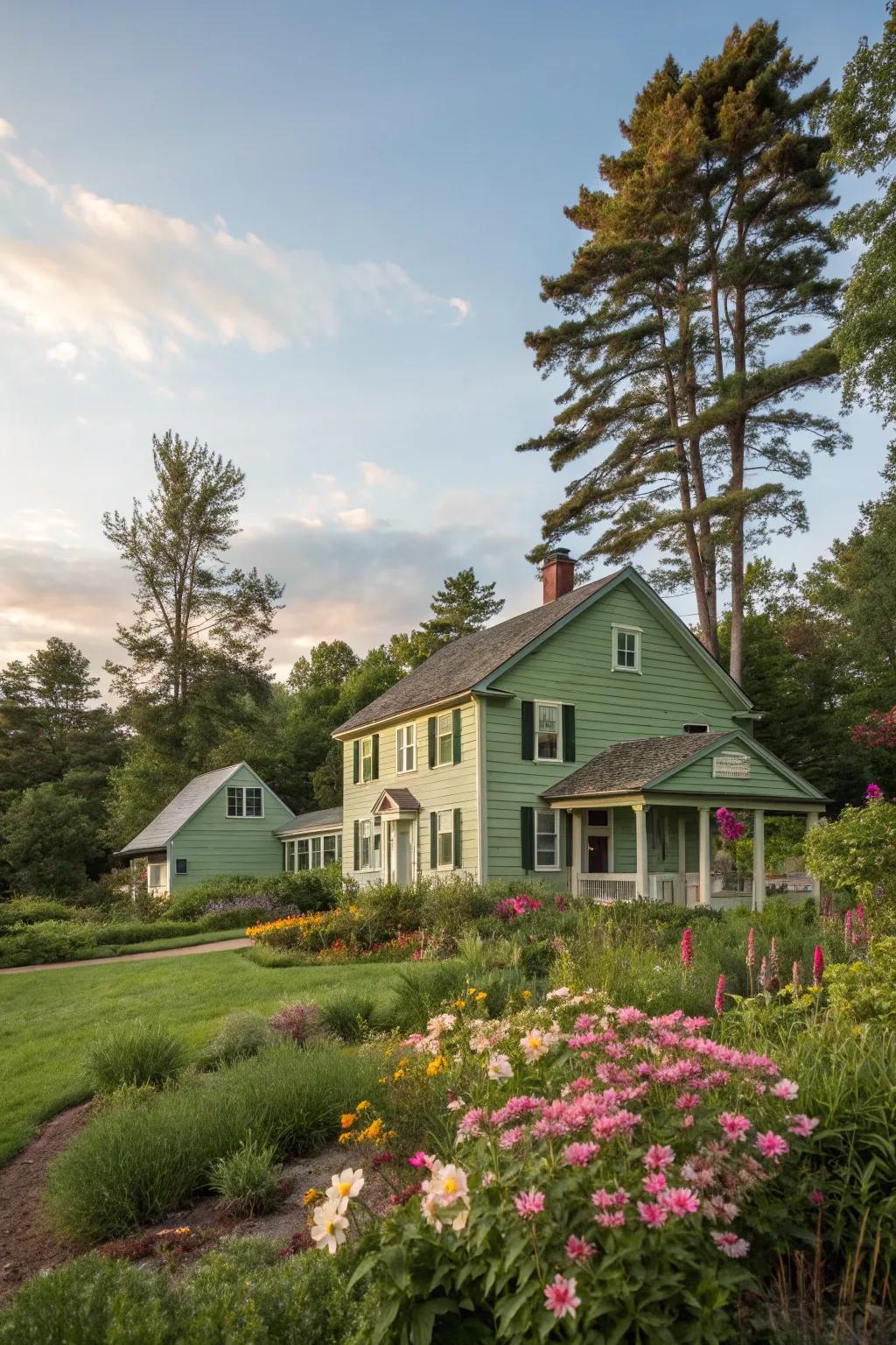 Sage green cladding fosters a peaceful, harmonious connection with nature.