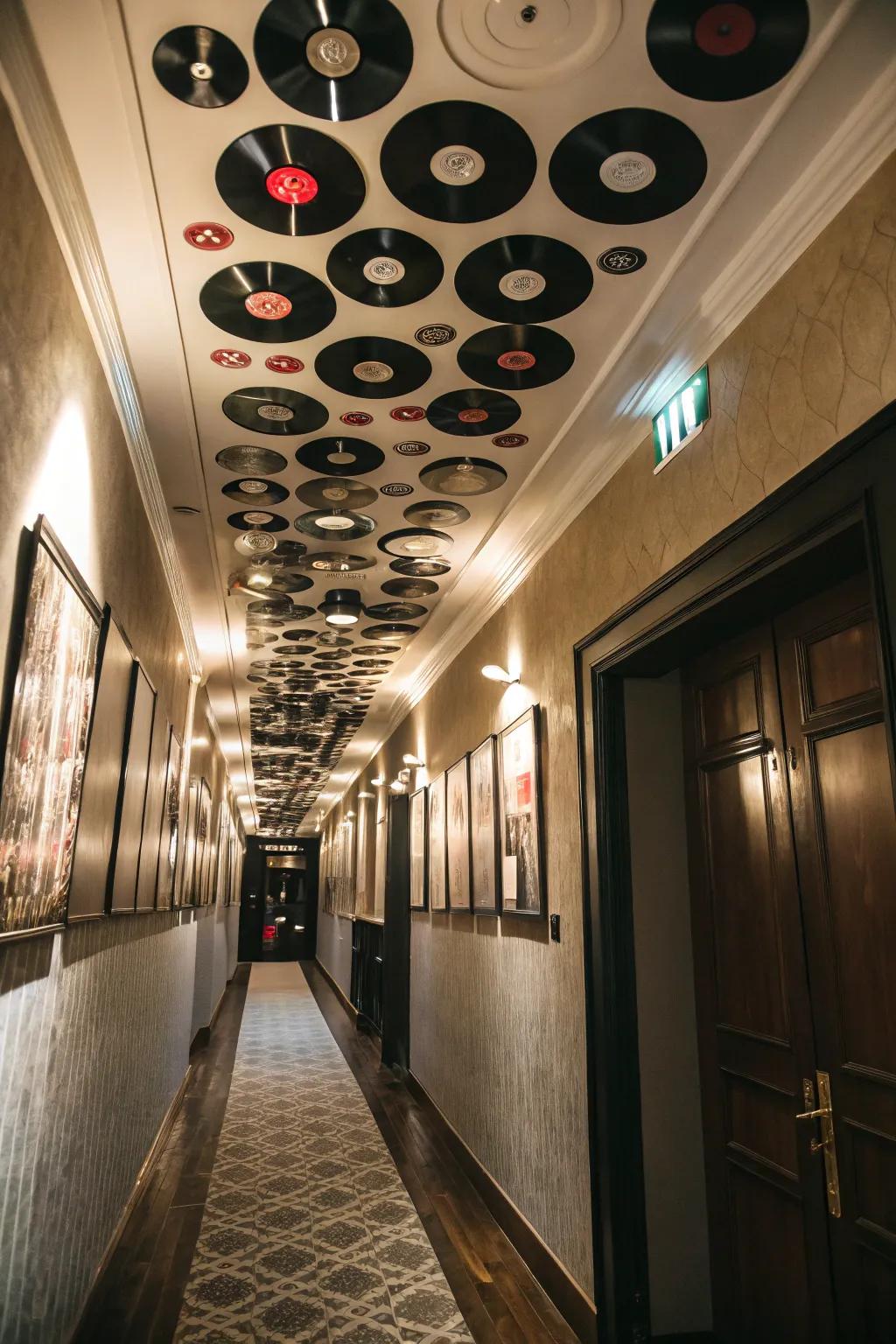 Incorporate an unexpected detail by decorating your ceiling with vinyl records.