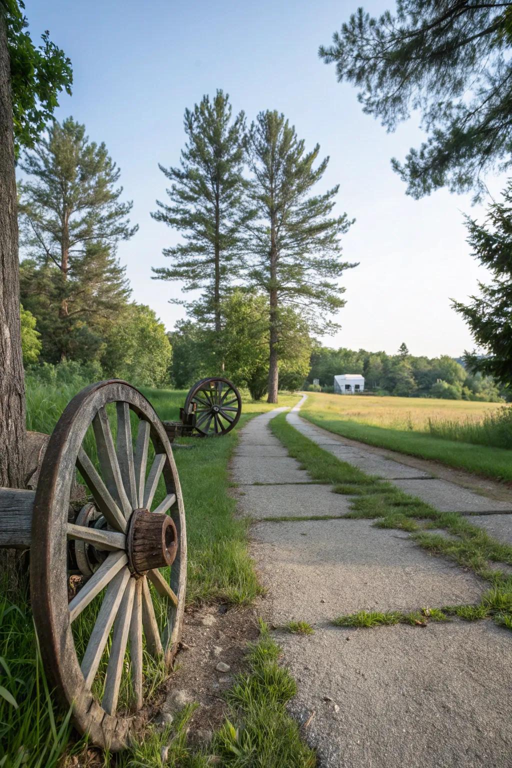 Wagon wheels elegantly marking a driveway, enhancing its rustic appeal.