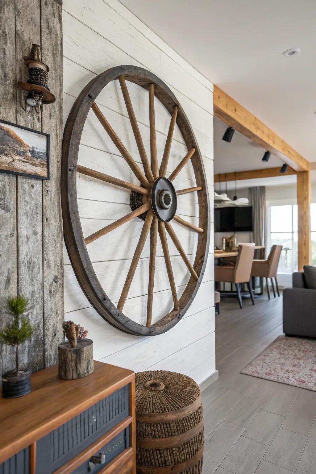 This modern rustic design is brought to life by mixed materials, highlighting a cartwheel.