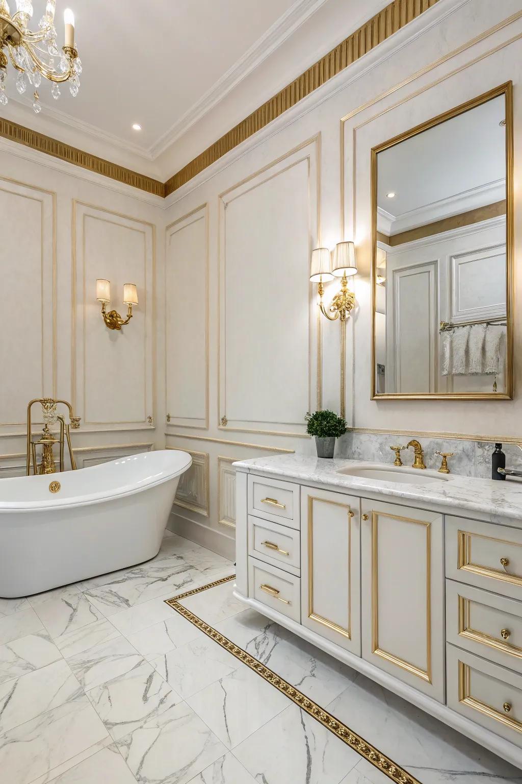 Gilded wainscoting introduces a luxurious glow inside your bathroom.