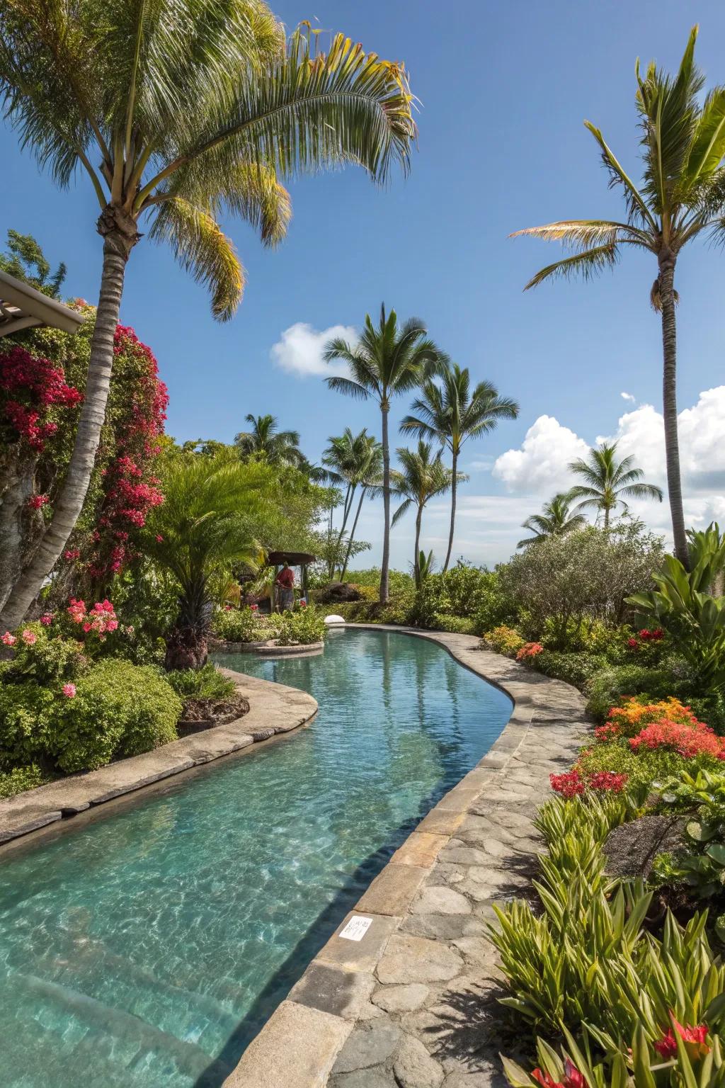 A tropical theme transforms your backyard pool into a vacation paradise.
