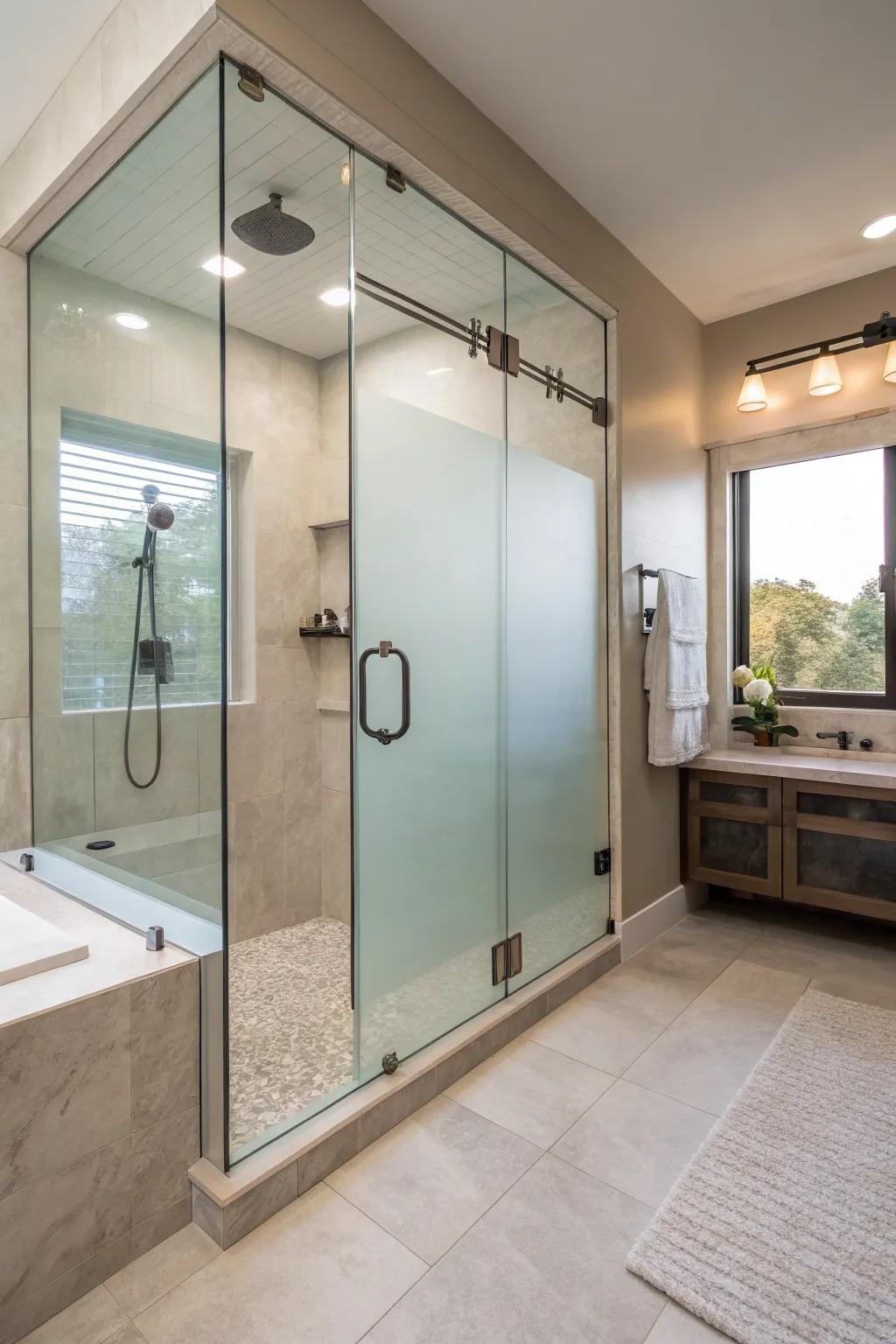 Shadowed glass panels combine privacy with a modern look in this walk-in shower.