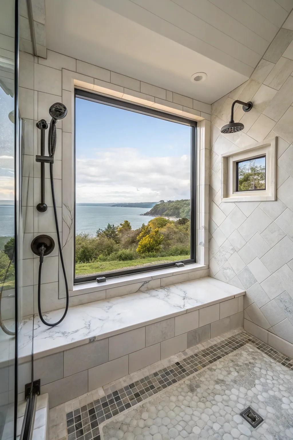 A walk-in shower featuring a window seat, perfect for relaxation and enjoying the view.