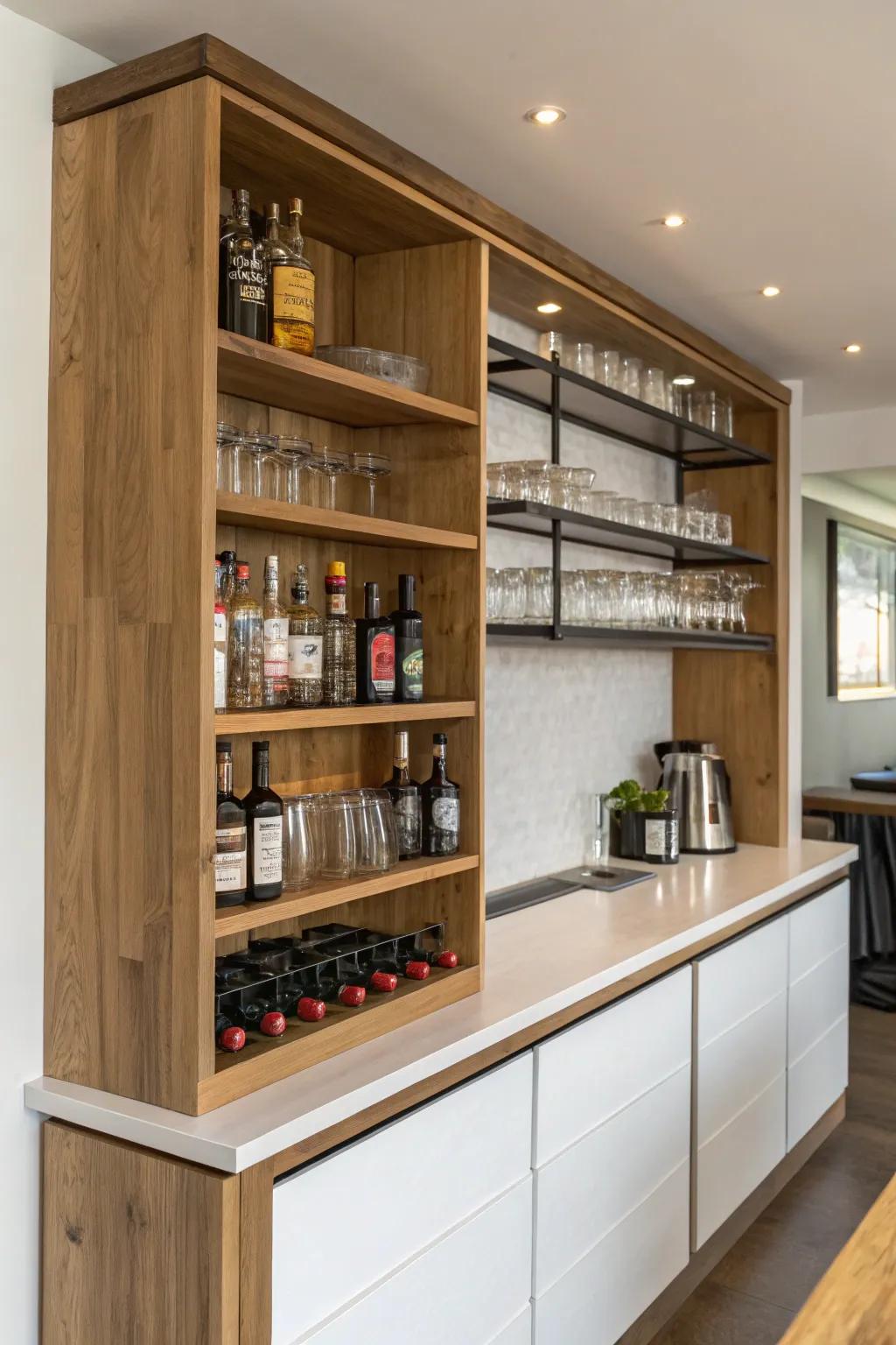 Covered storage offers functionality to your wall bar without losing design.