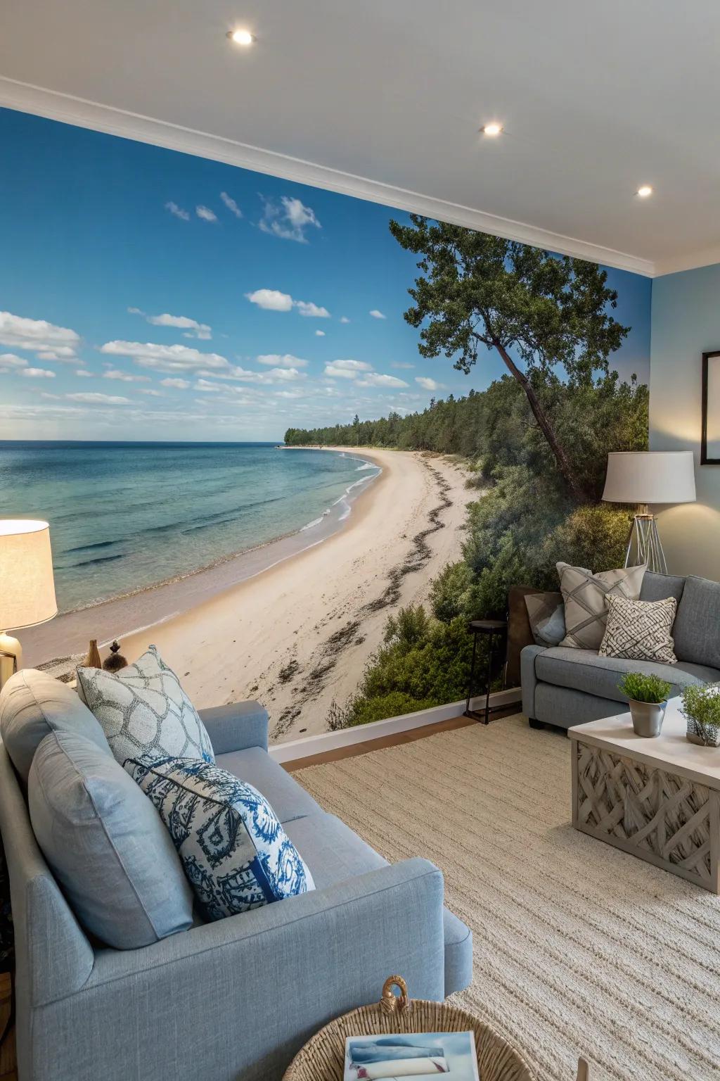 Unwind through the calming vibes of a coastal getaway mural.