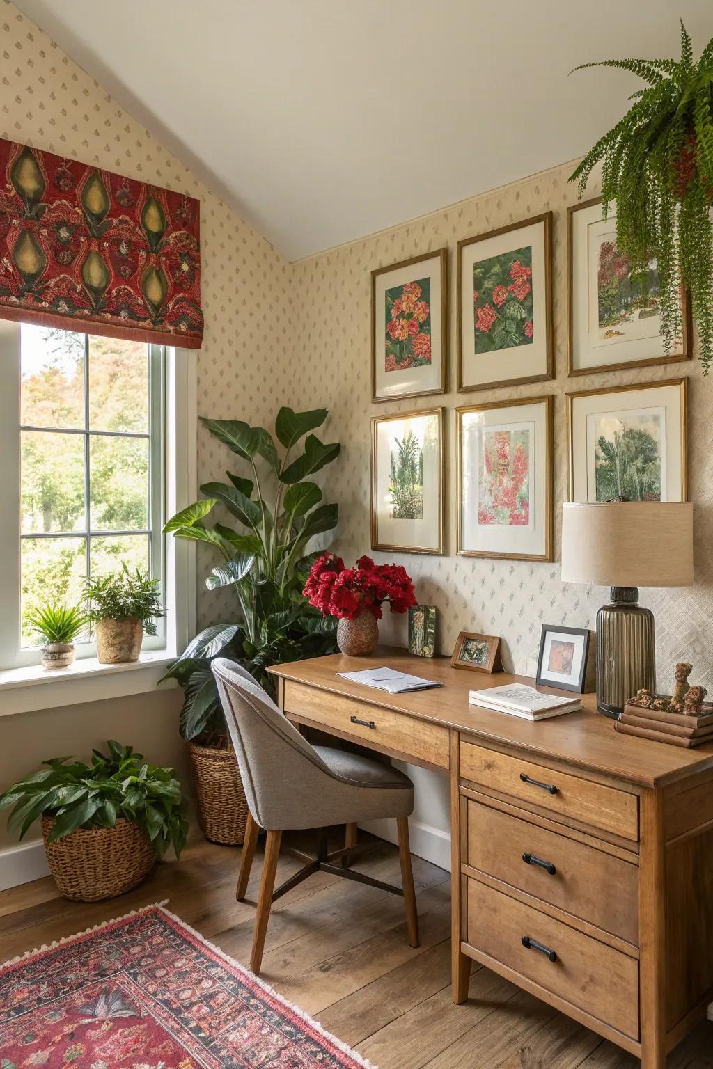 Accent walls with plants and art create a captivating display.