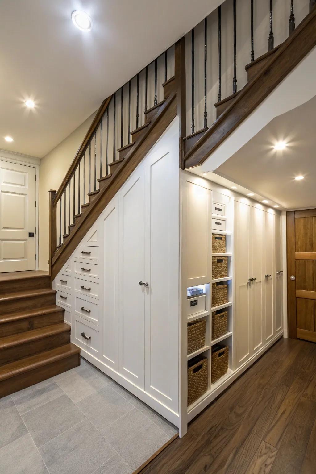 Concealed storage under the stairs maintains a tidy home.