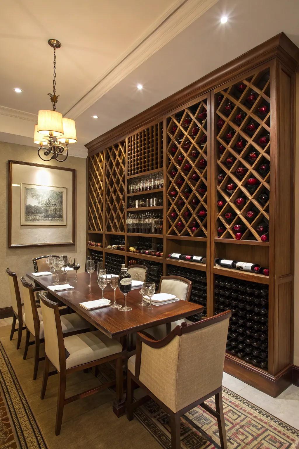 An impressive wine rack enhances dining spaces.