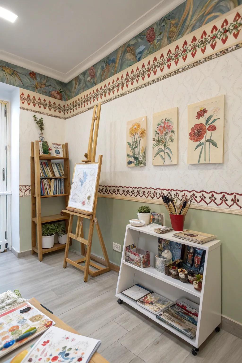 An art studio showcasing creativity with an artistic wallpaper border.