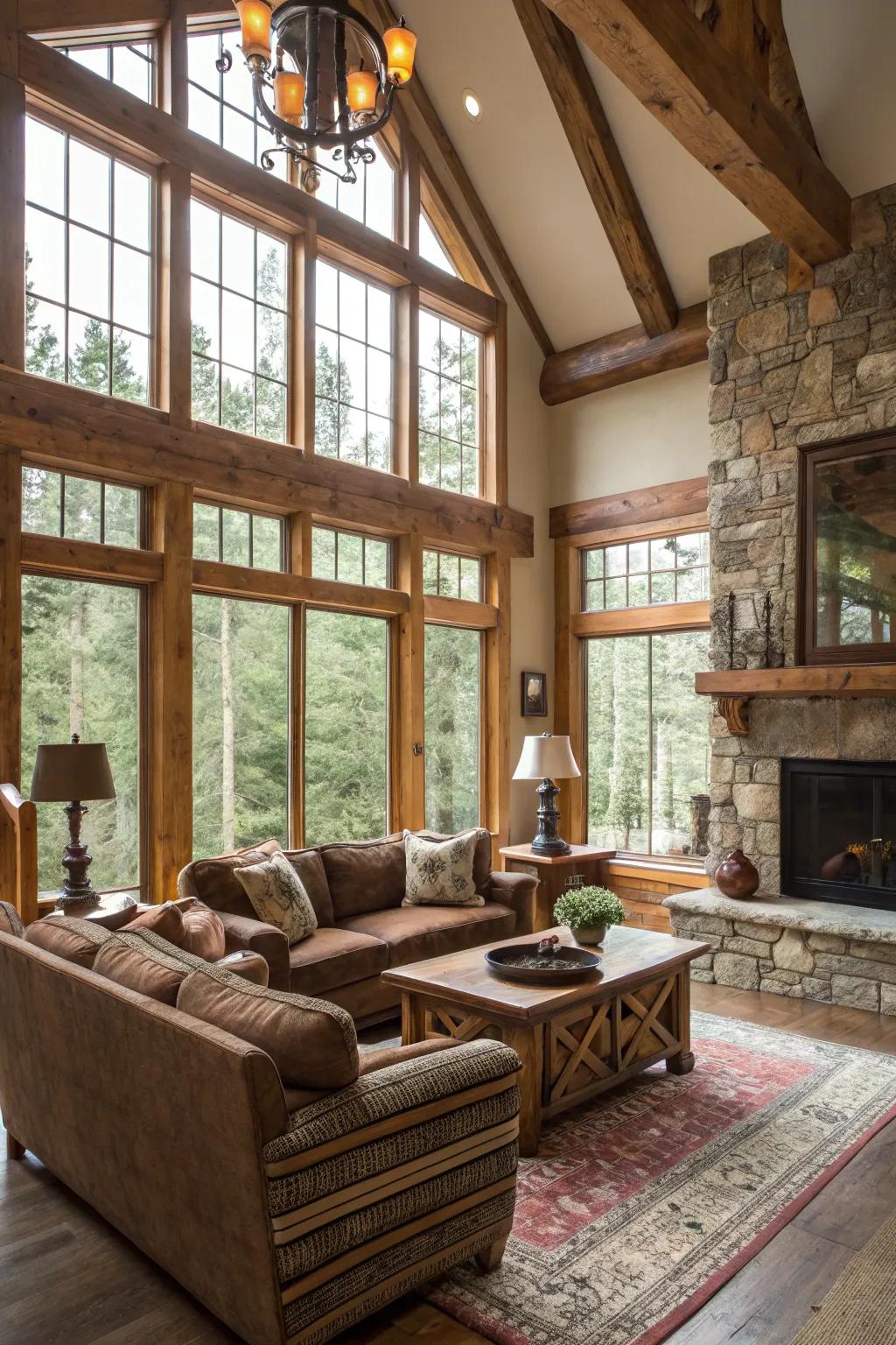 Wide windows bring the outdoors inside, filling the room with light.