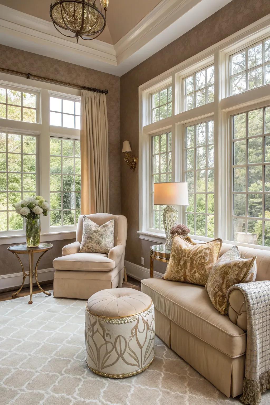 A sunroom with stone walls, filled with neutral elegance and balance.