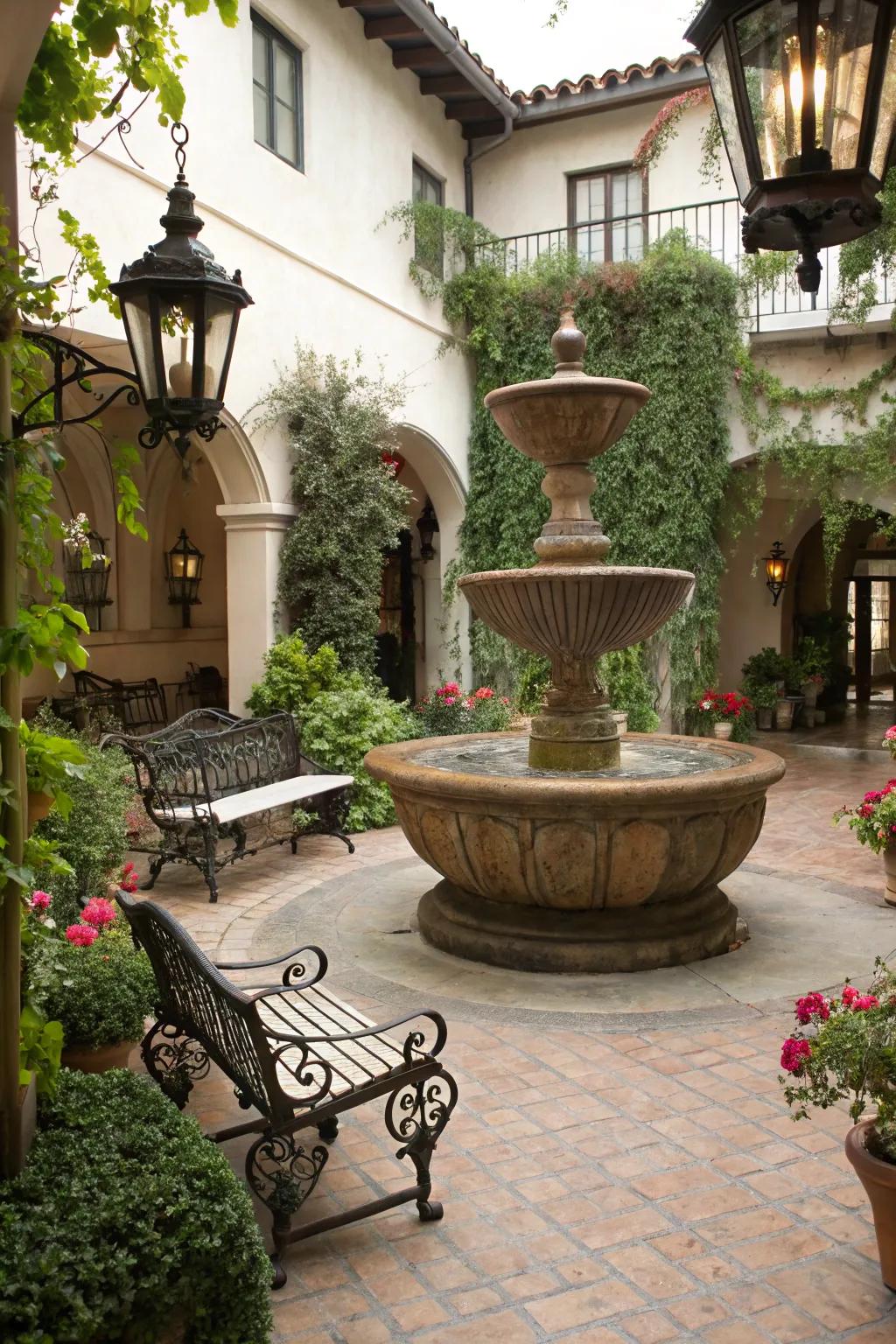A vintage pot cascade contributes countryside elegance to your courtyard.