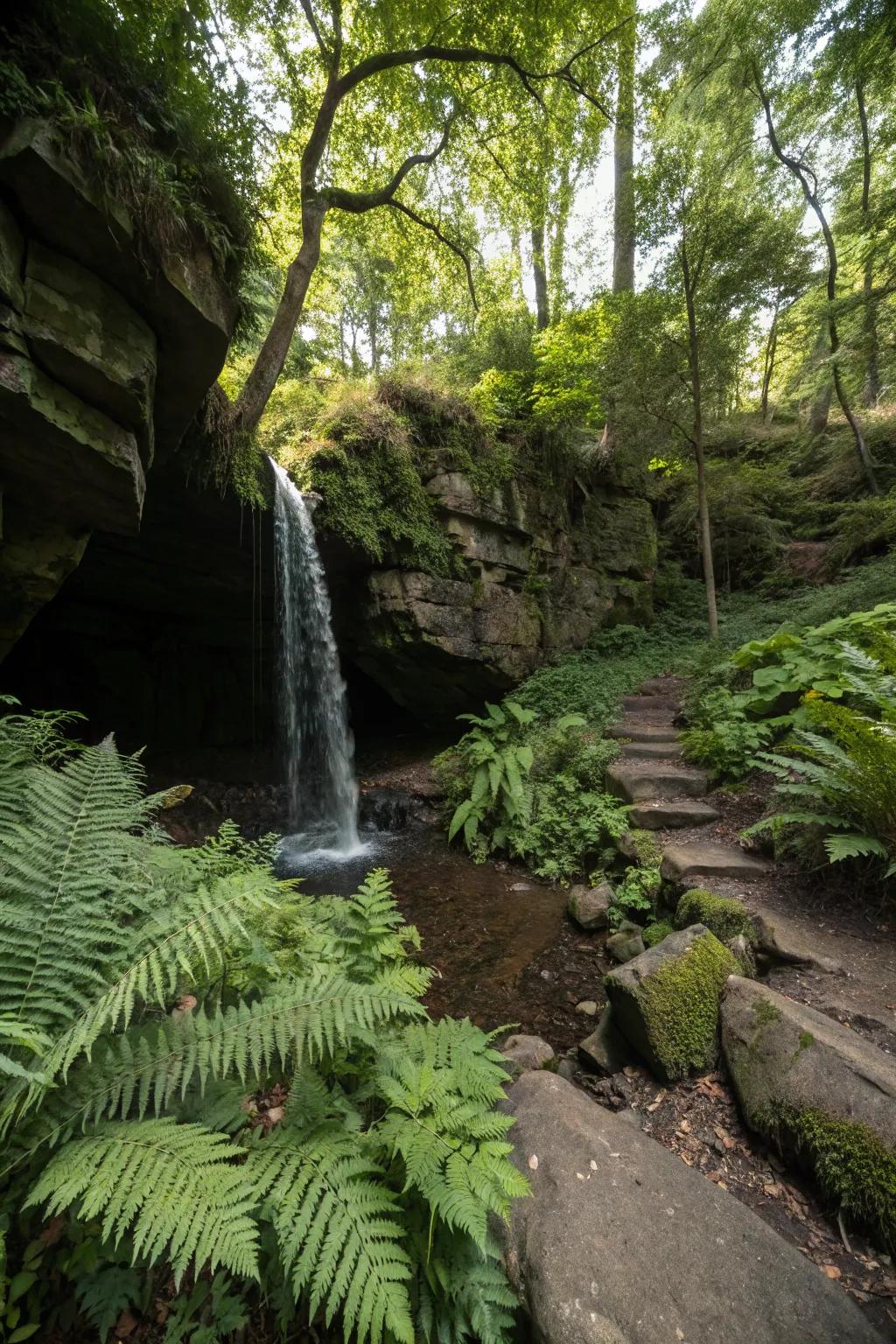A concealed cave water feature creates a magical garden retreat.