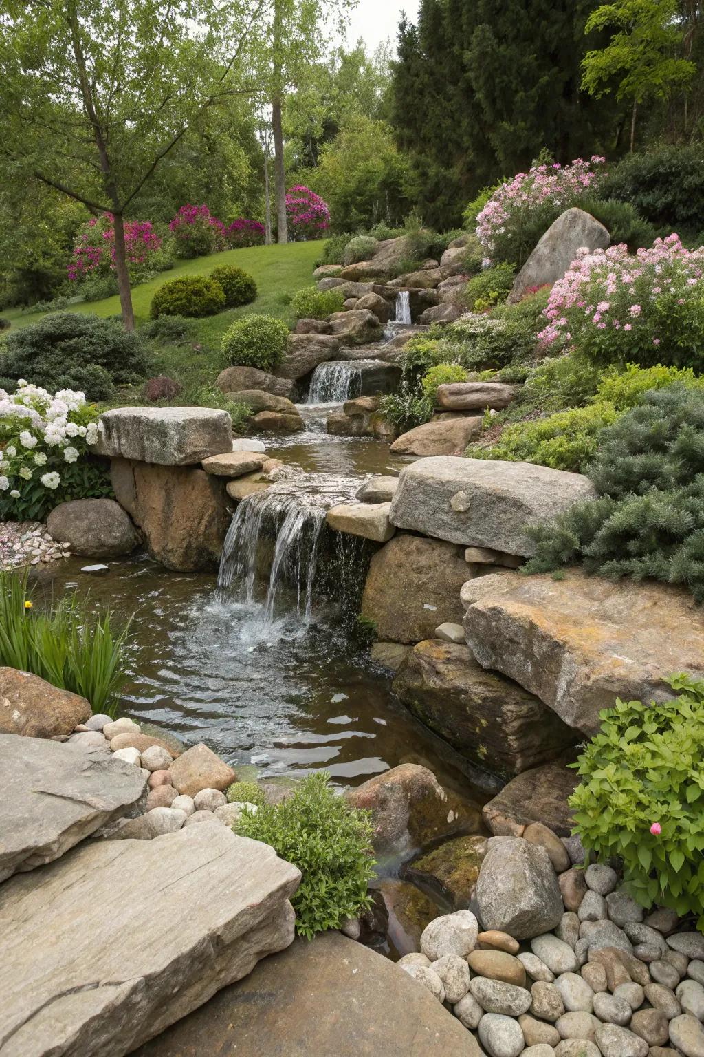 An artistic garden water feature where stones are creatively placed in a spiral.