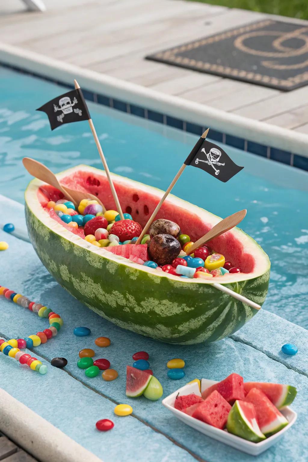 A playful pirate raft presenting candy treasure and oar skewers.