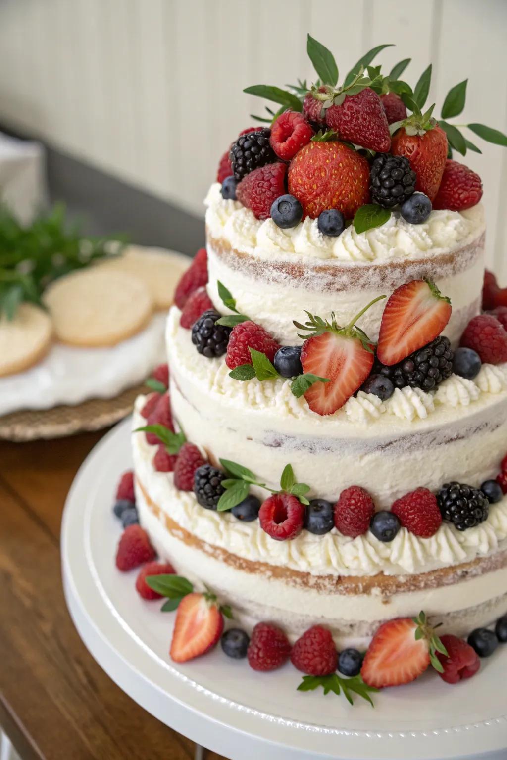 A wedding cake adorned with garden-fresh berries for a burst of color.
