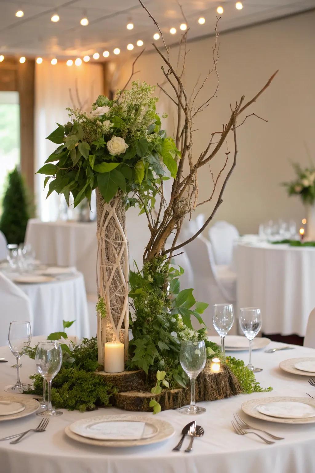 A nature-inspired centerpiece perfect for outdoor or rustic weddings.