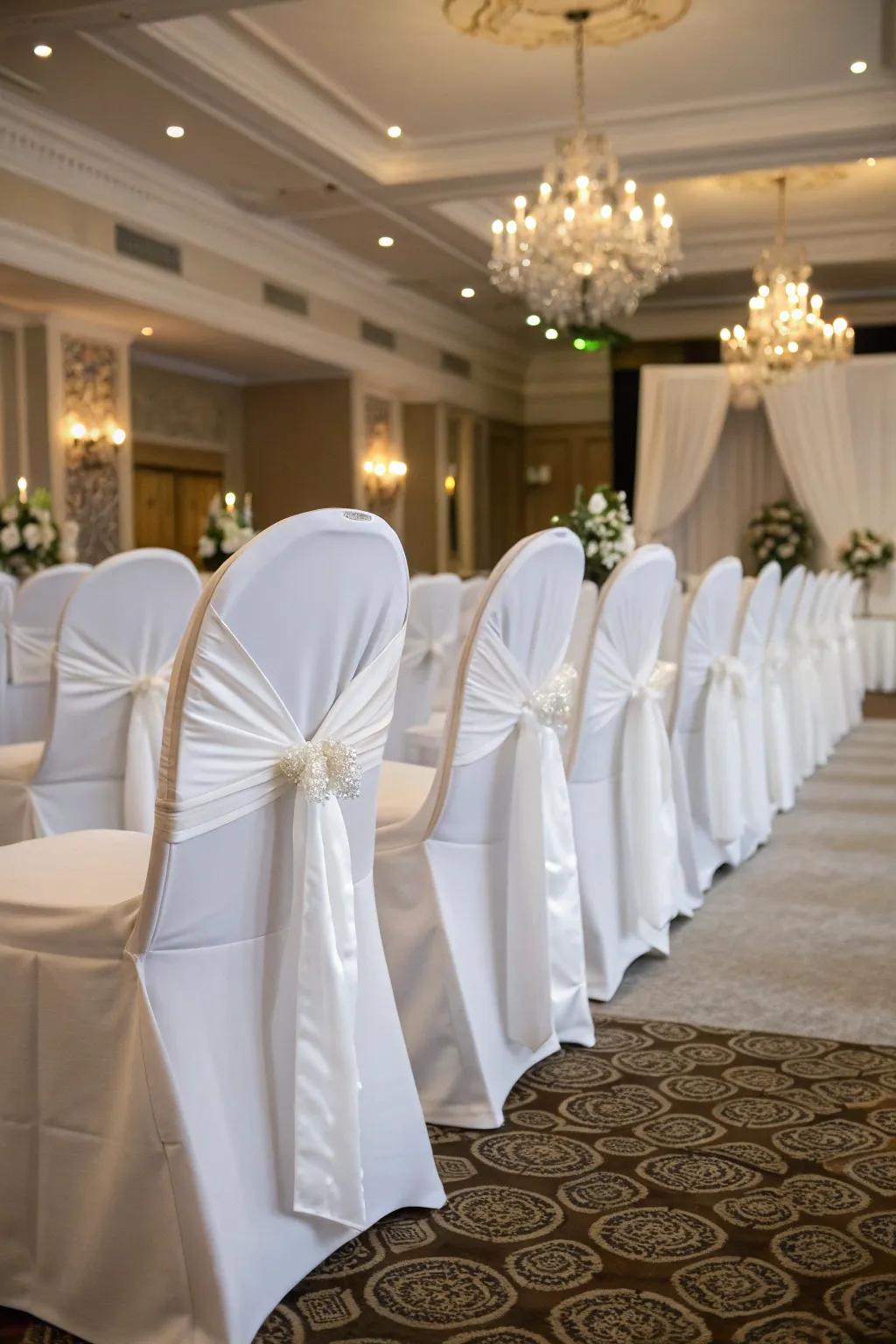 Timeless white covers deliver enduring sophistication for formal weddings.