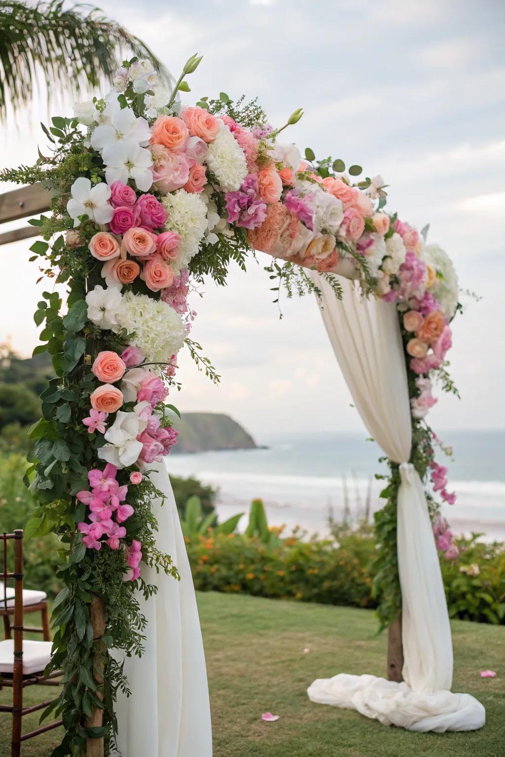 Varied bloom arch showcasing peonies and orchids