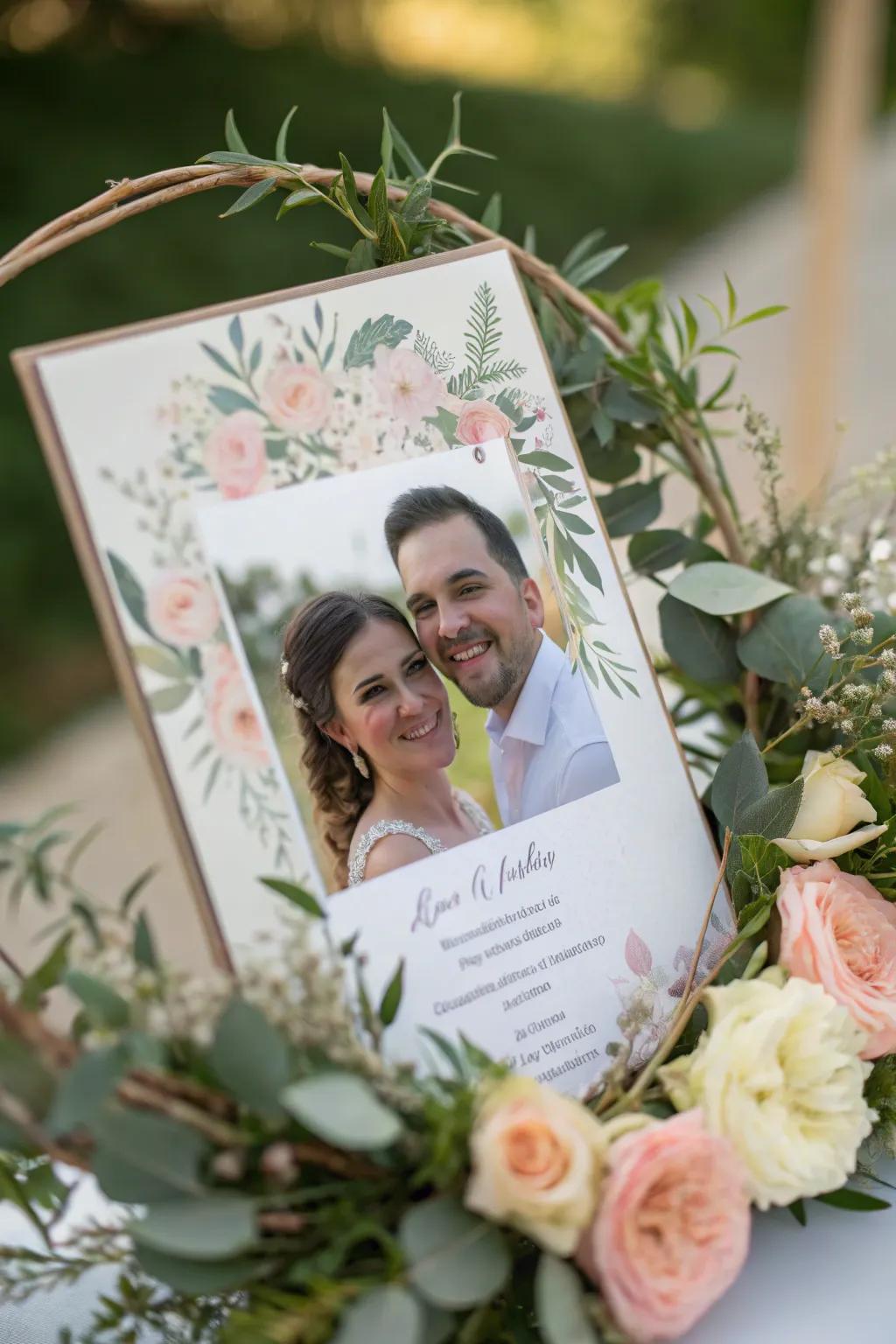 Personalized wedding invitation showcasing a couple's photo.