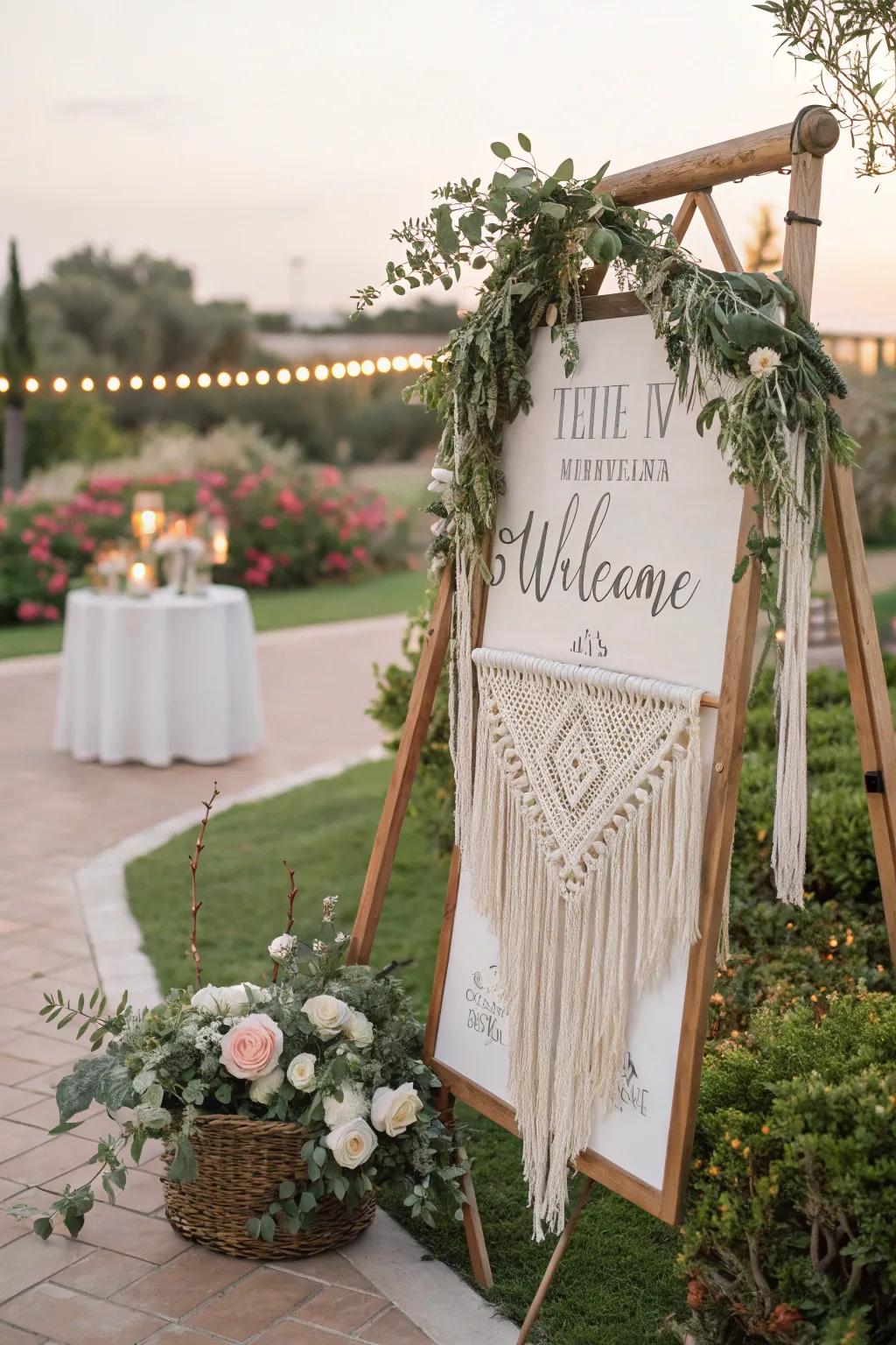 A free spirit style greeting board with knotted cording and foliage, perfect for an outdoor wedding.