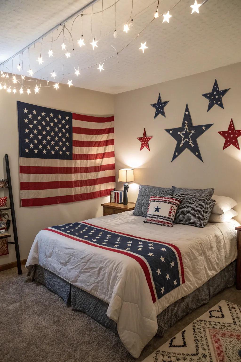 Flags and emblems give a nod to Americana within the western theme.