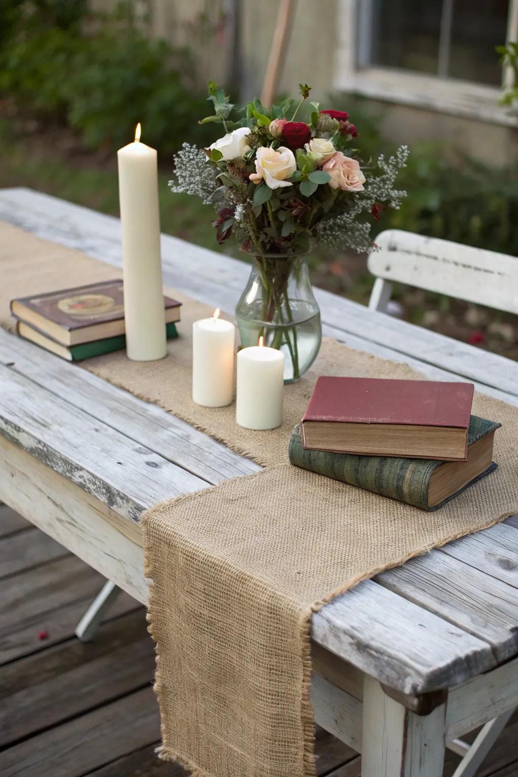 A hessian runner imparts a quintessential farmhouse vibe onto your table arrangement.