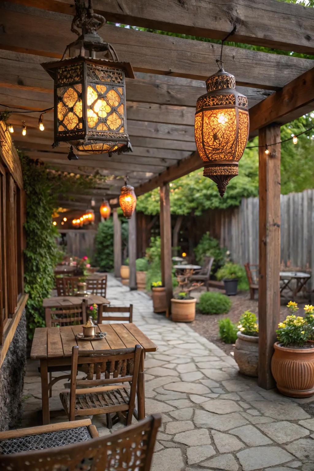 Lanterns add a touch of rustic elegance to the patio.