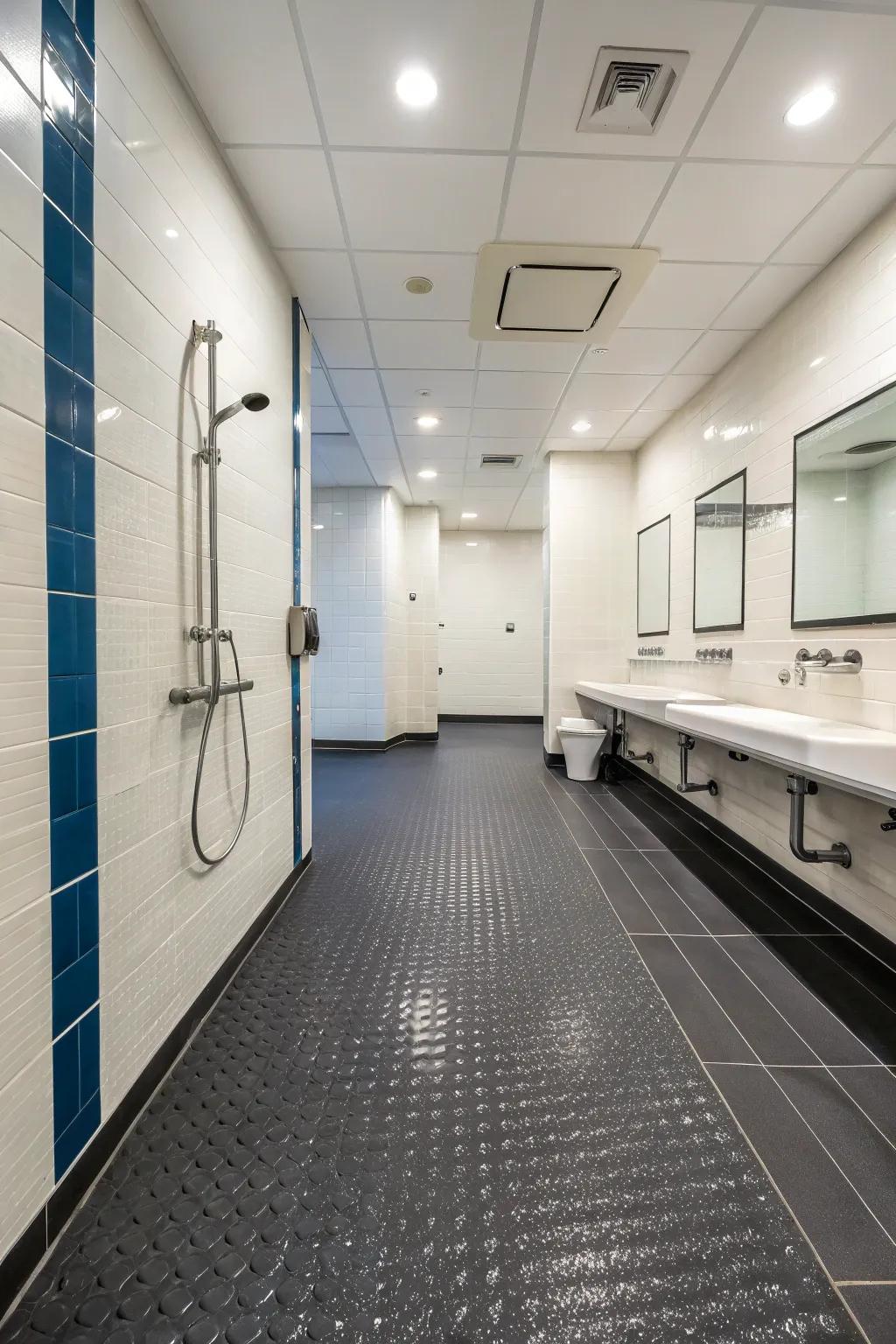 Rubber flooring is a safe and comfortable choice for wet rooms.