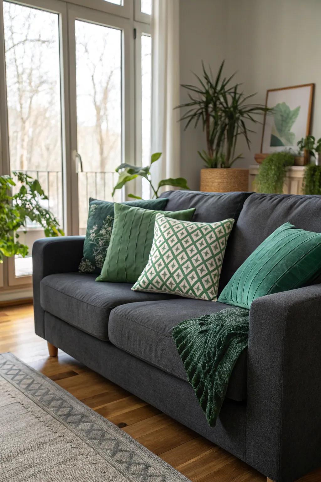 Green pillows introduce a fresh and natural feel on a dark grey sofa.