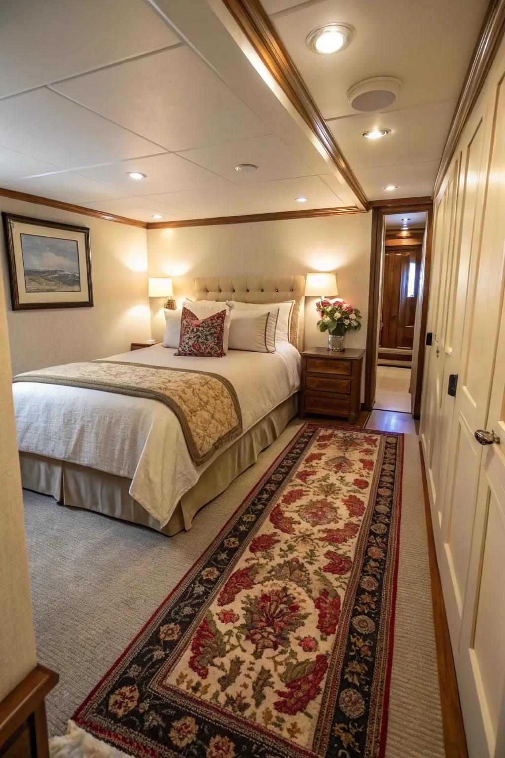 Runner rugs provide a chic, functional solution in narrow bedroom settings.