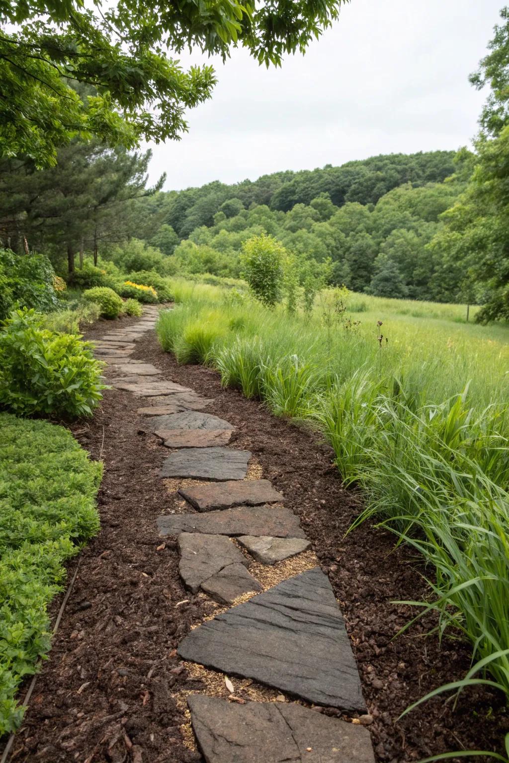 Mulch provides an earthy and natural sensation between stones.