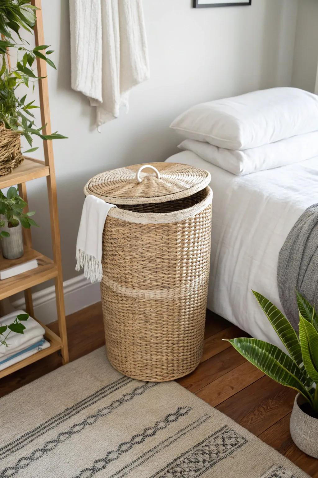 A basket with a lid ingeniously hides a laundry hamper, maintaining the order of your bedroom.